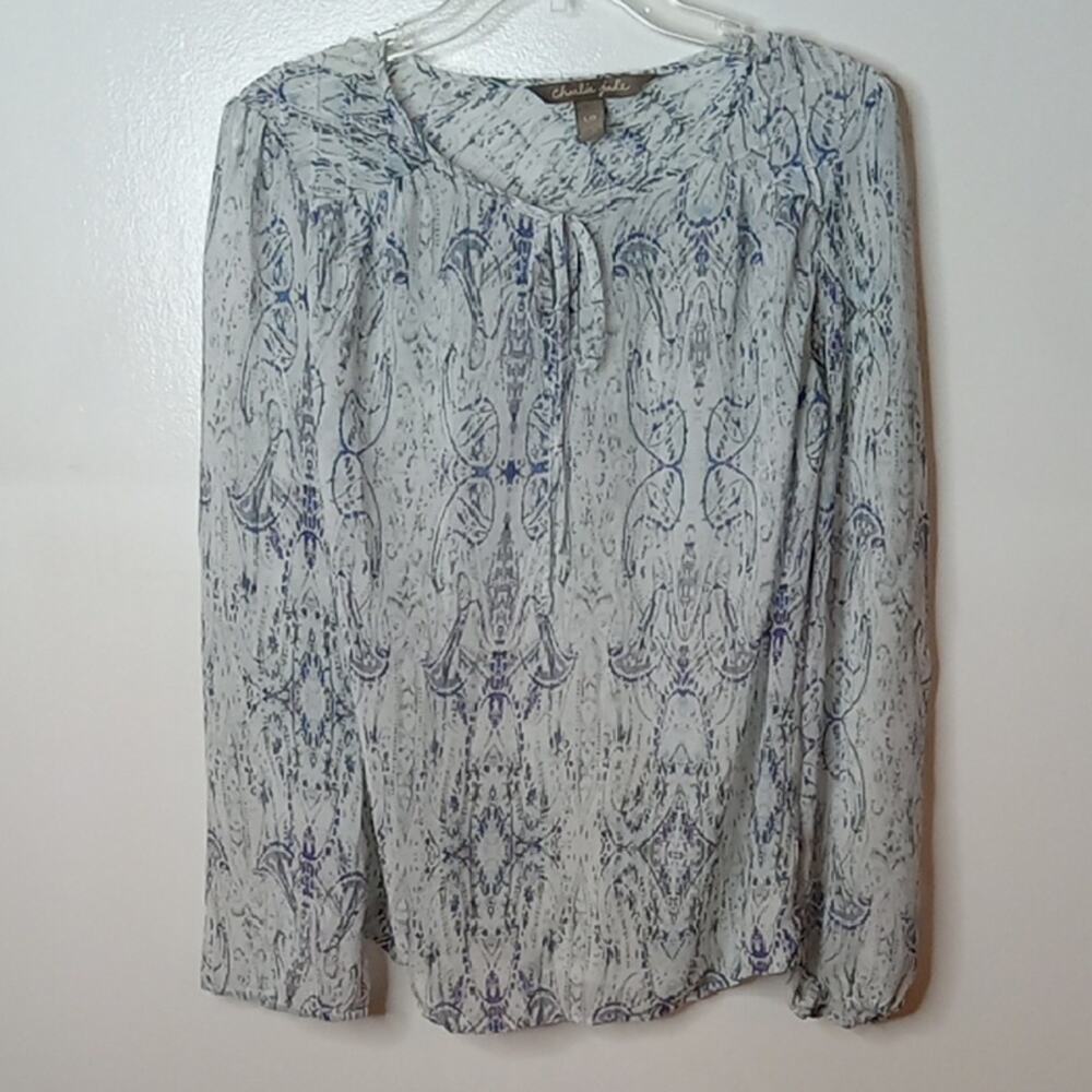 Charlie Jade Women's Large Blue Gray and White Tie Front Long Sleeve Blouse